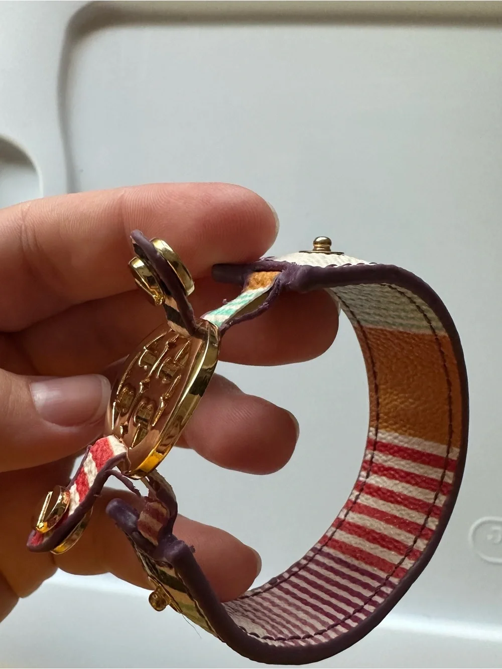 Tory Burch Striped Leather Cuff with Gold Logo